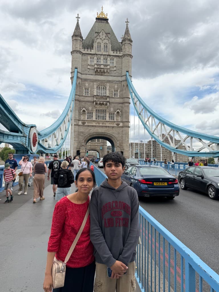 Sudhith Mannuru and Sravani Mannuru on Tower Bridge in London.