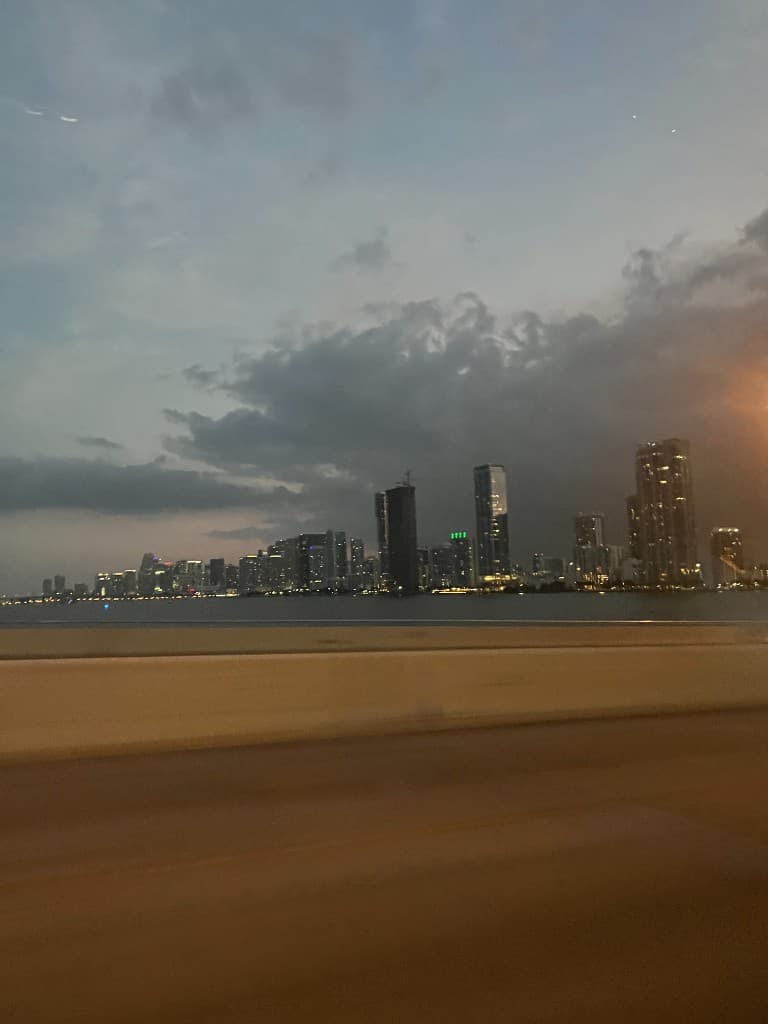 A dusk skyline across water with city lights beginning to appear under a cloudy evening sky.
